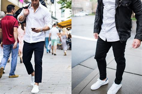 black pants with white shoes|white pants with black boots.